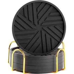 4"6 Black Thick Stylish Groove Patterns Gold Metal Holder Table Coasters